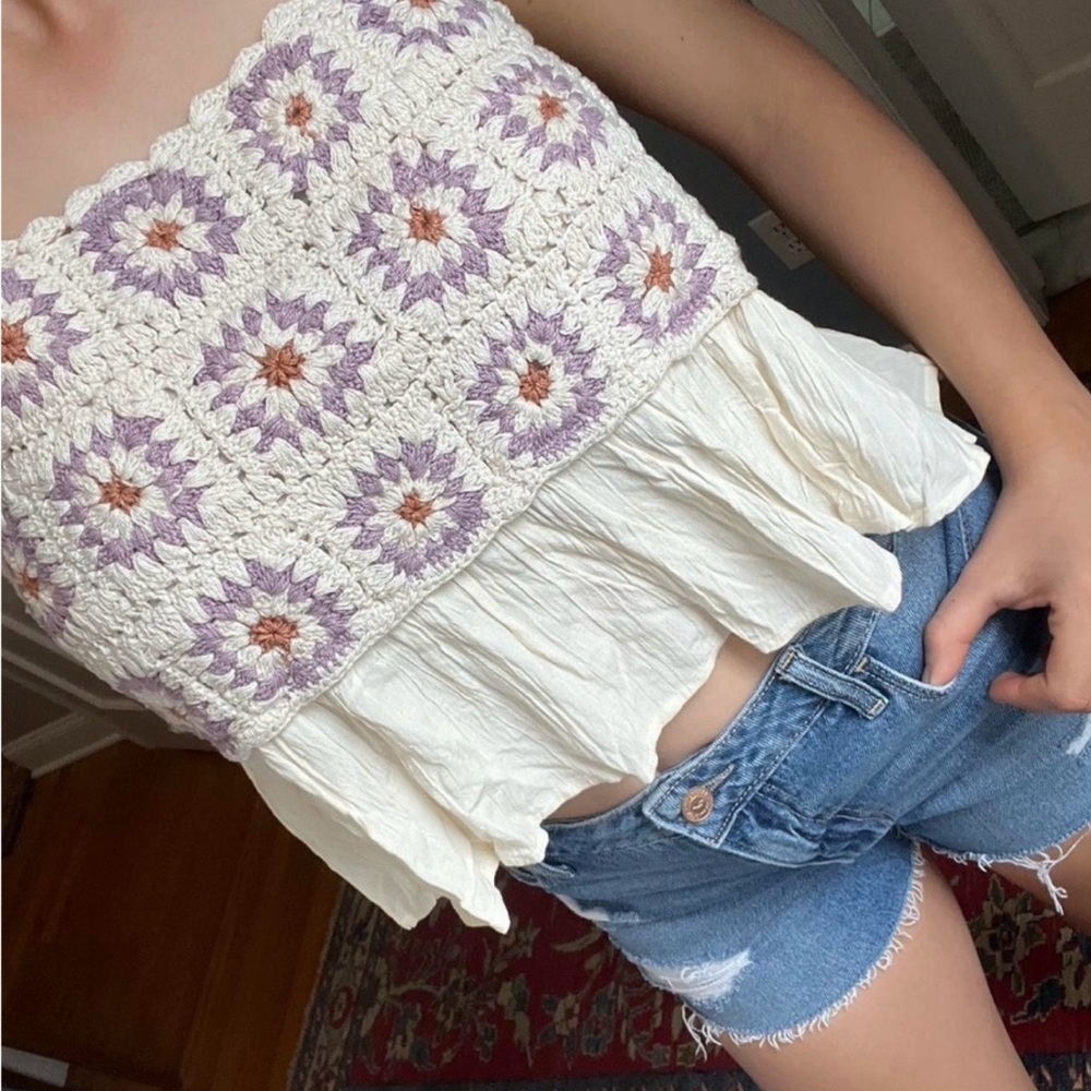 NWT S Lucky Brand Boho Crochet square neck Halter Tank Top Granny